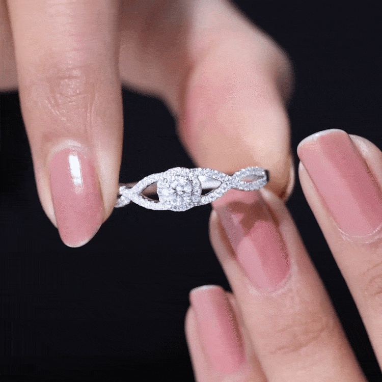 Yellow gold lab-grown diamond halo criss cross engagement ring by Rosec Jewels featuring sparkling diamonds and intricate band design.
