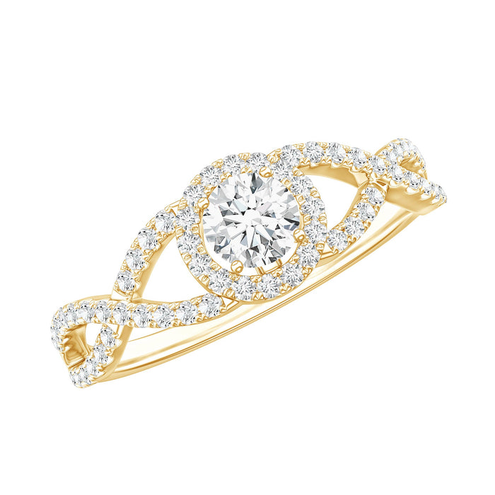 Certified lab-grown diamond halo criss-cross engagement ring from Rosec Jewels, featuring sparkling diamonds and intricate band design.