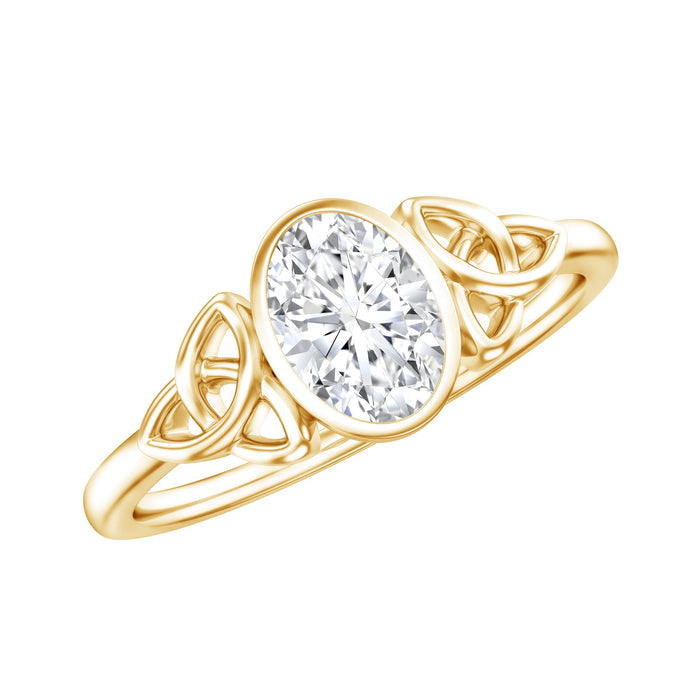 Oval lab-grown diamond Celtic knot engagement ring in silver with intricate design, crafted by Rosec Jewels.
