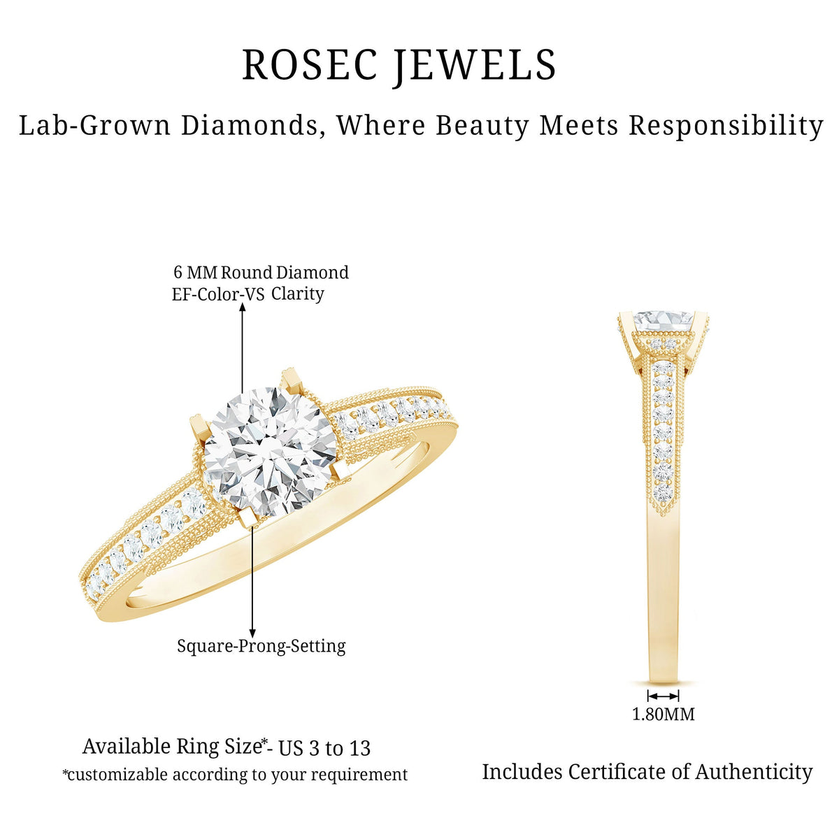 Certified Lab Grown Diamond 6 MM Round Engagement Ring With Side Stones