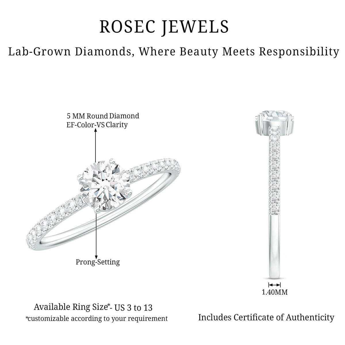 Certified 5 MM Lab Grown Diamond Engagement Ring With Side Stones