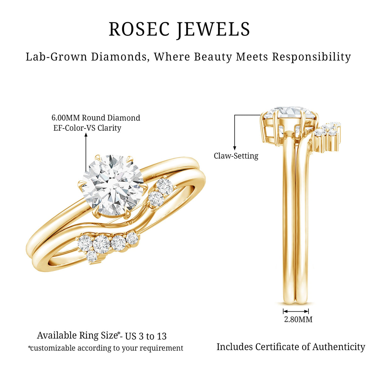 Certified 6 MM Lab Grown Diamond Designer Bridal Ring Set