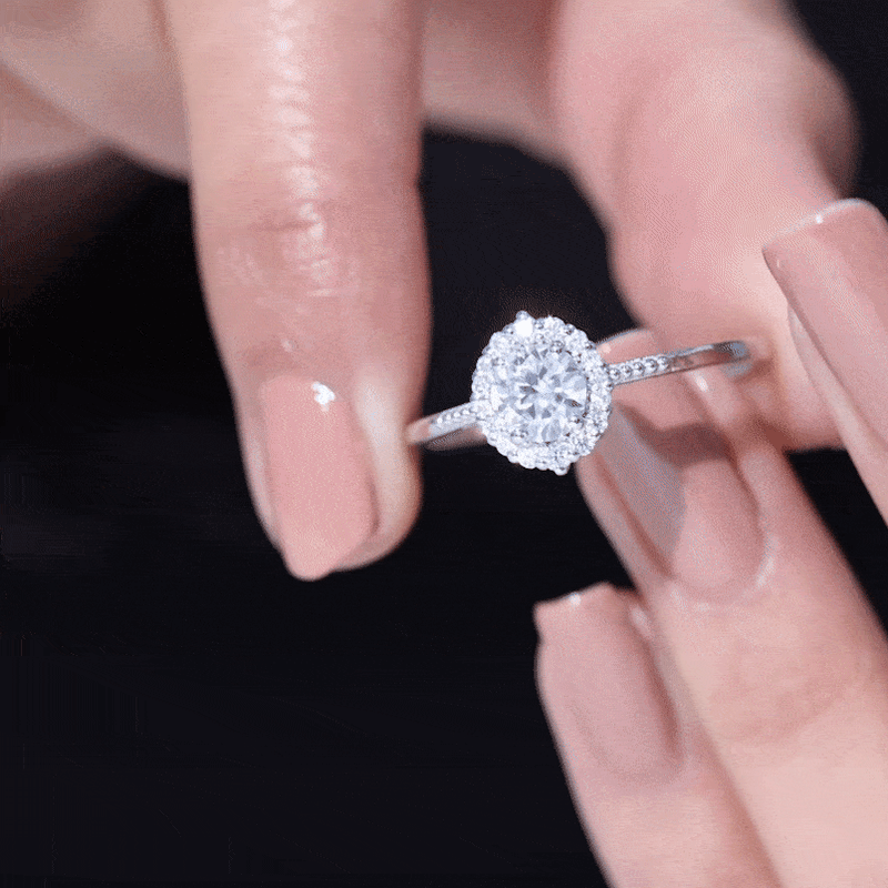 Yellow gold halo engagement ring with lab-grown diamonds from Rosec Jewels, showcasing a central diamond surrounded by a sparkling halo.