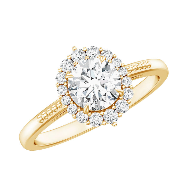 Rosec Jewels classic lab-grown diamond halo engagement ring with sparkling center stone and intricate band design.