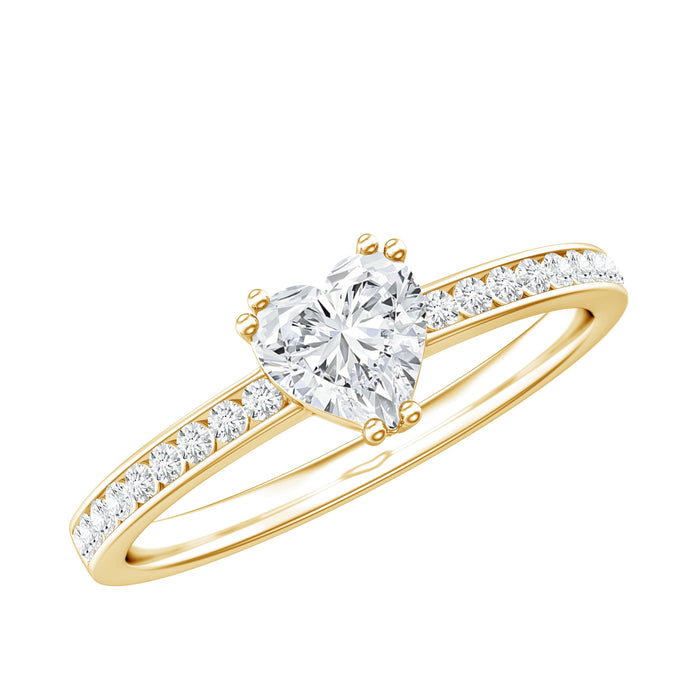 Lab grown diamond 5mm heart engagement ring with side stones, Rosec Jewels rings, featuring a detailed, elegant design with side accents.