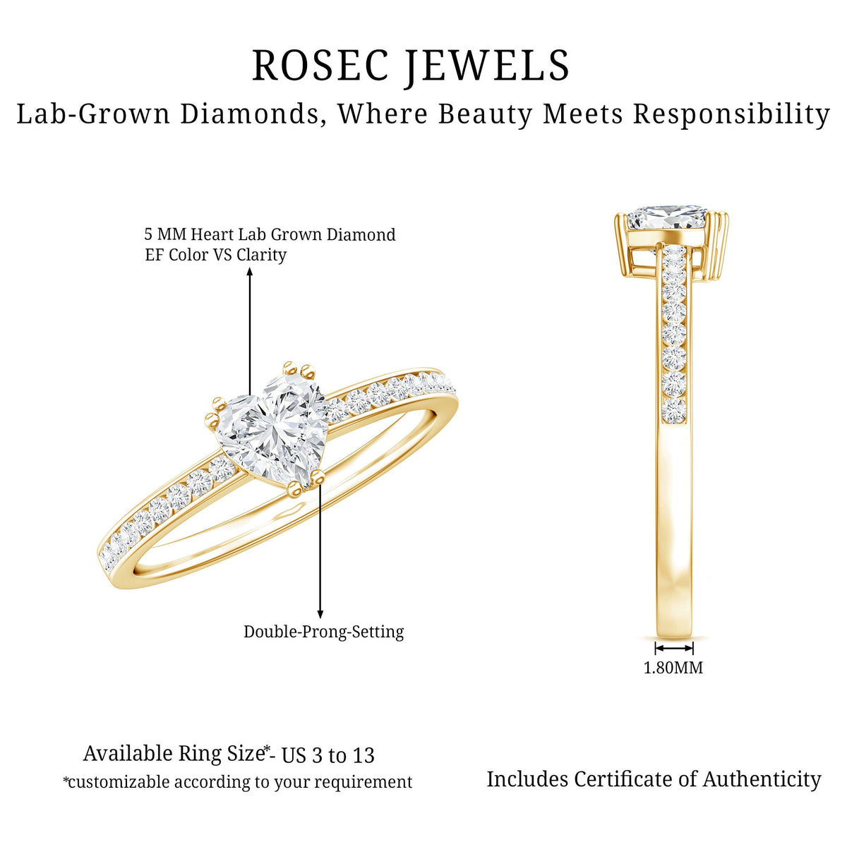 Lab Grown Diamond 5 MM Heart Engagement Ring With Side Stones