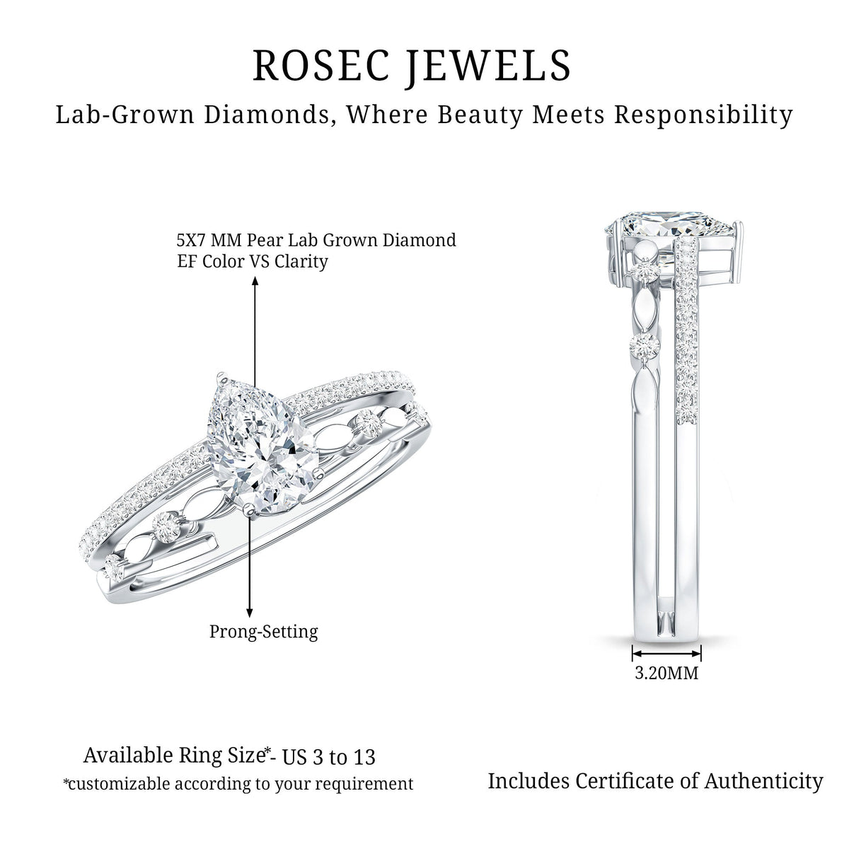 Certified Lab Grown Diamond 5X7 MM Teardrop Double Band Engagement Ring