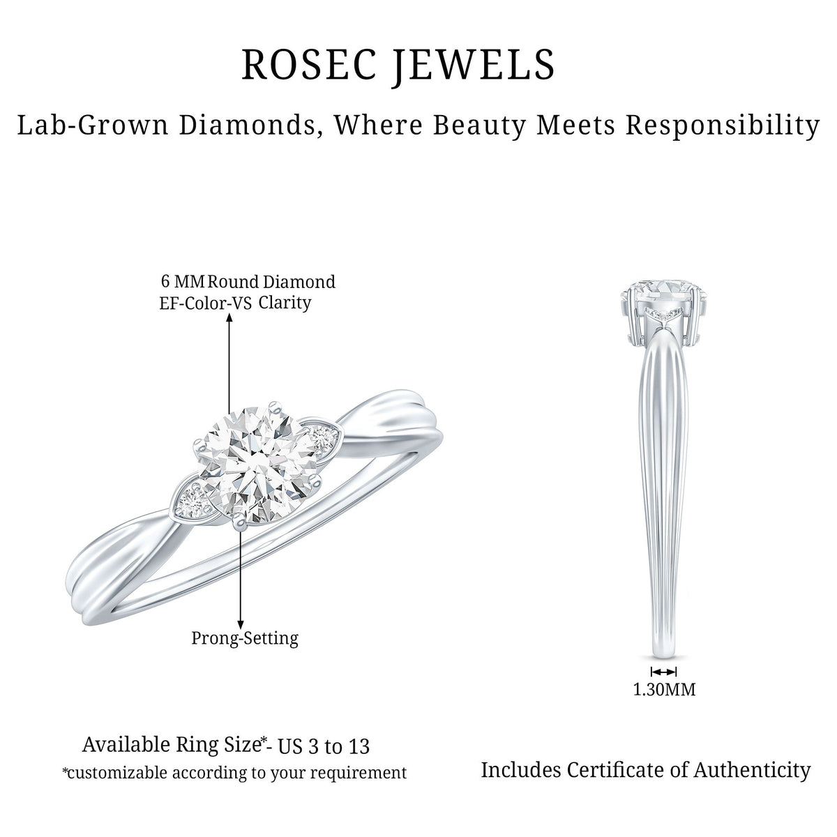 Certified Lab Grown Diamond 6 MM Solitaire Promise Ring