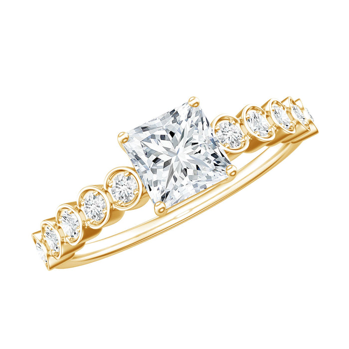 Rosec Jewels lab grown diamond princess cut engagement ring with 5mm center stone and side stones, showcasing intricate detailing.
