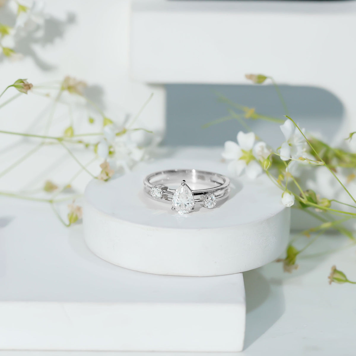 Pear Lab Grown Diamond Engagement Ring – Elegant Double Band Three Stone Design