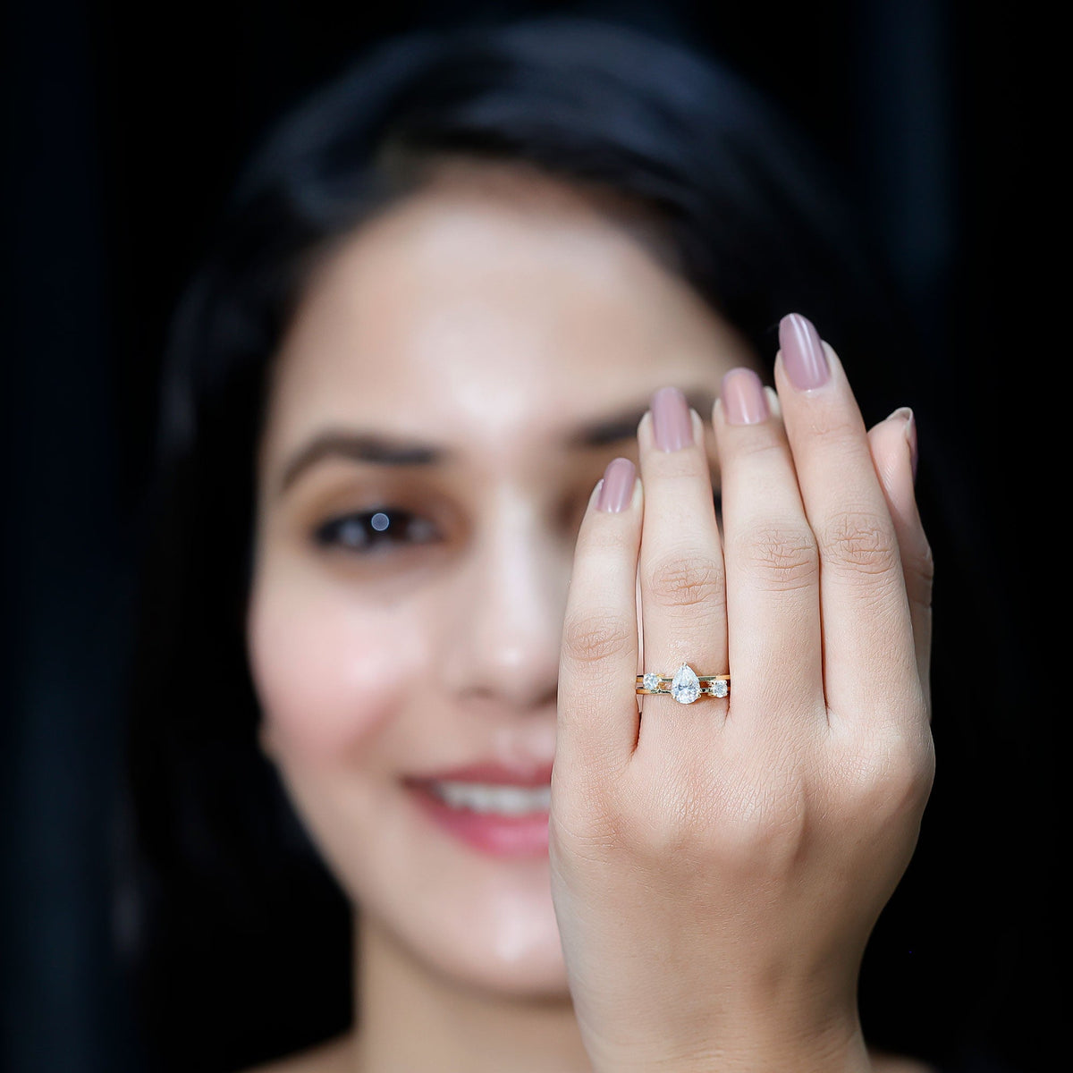 Pear Lab Grown Diamond Engagement Ring – Elegant Double Band Three Stone Design