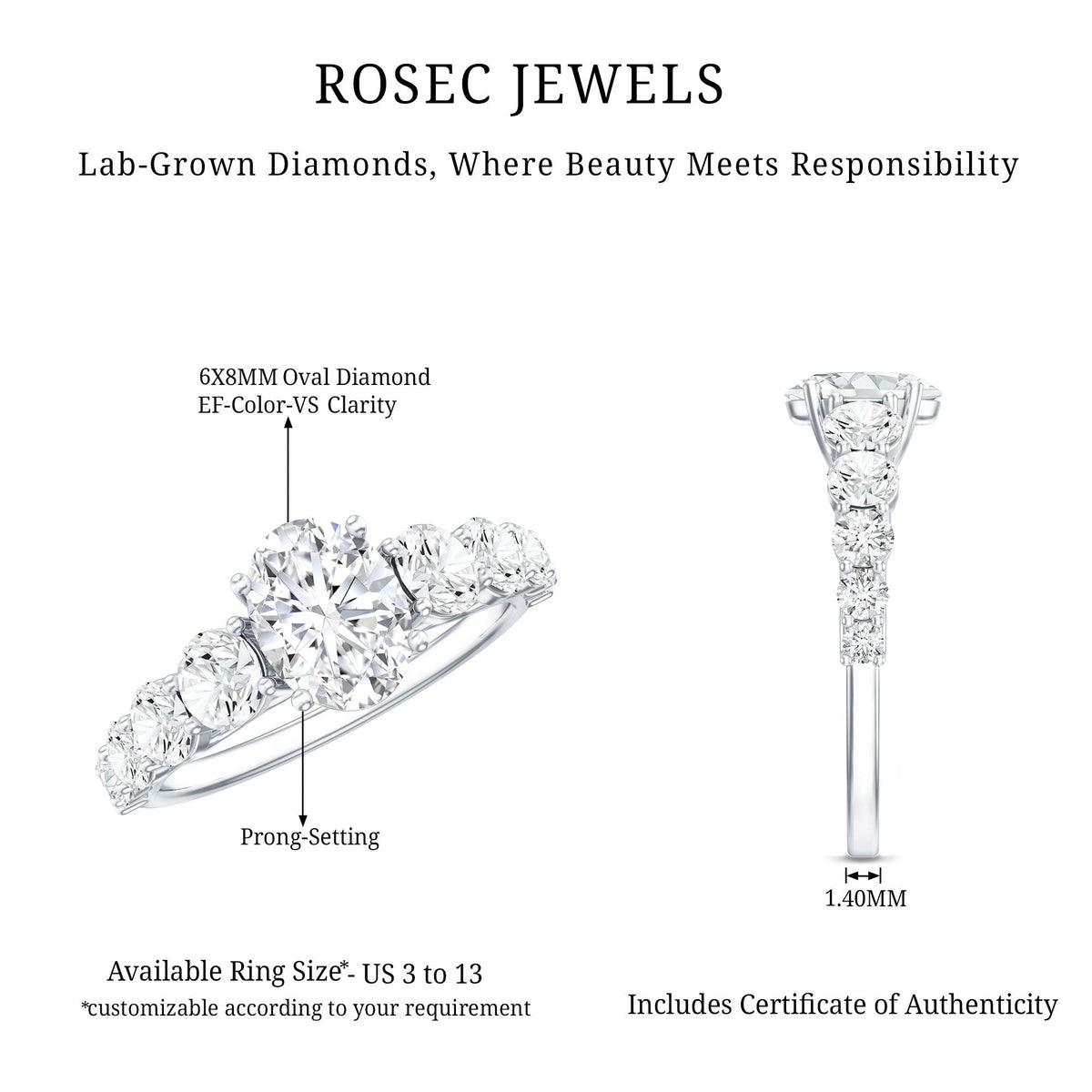 Lab Grown 1.2 Carat Diamond Oval Engagement Ring With Side Stones