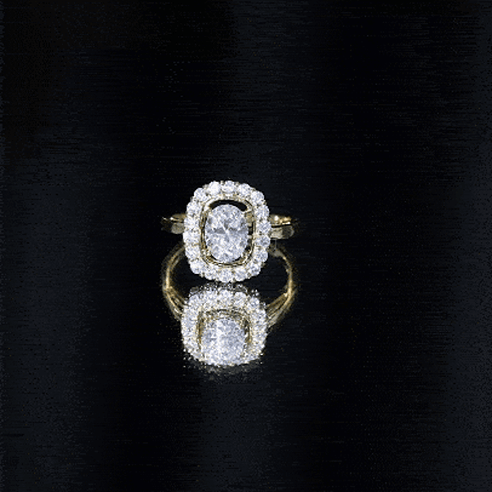 Oval lab-grown diamond halo engagement ring featuring 6x8 mm center stone and yellow gold band by Rosec Jewels