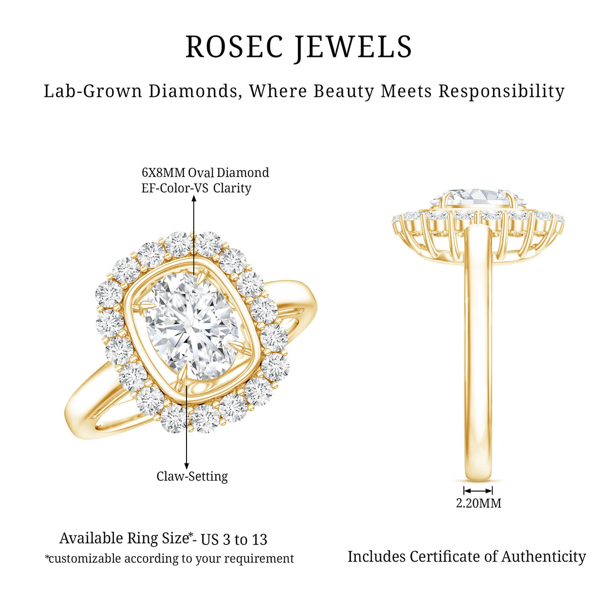 Certified 6X8 MM Oval Lab Grown Diamond Halo Engagement Ring