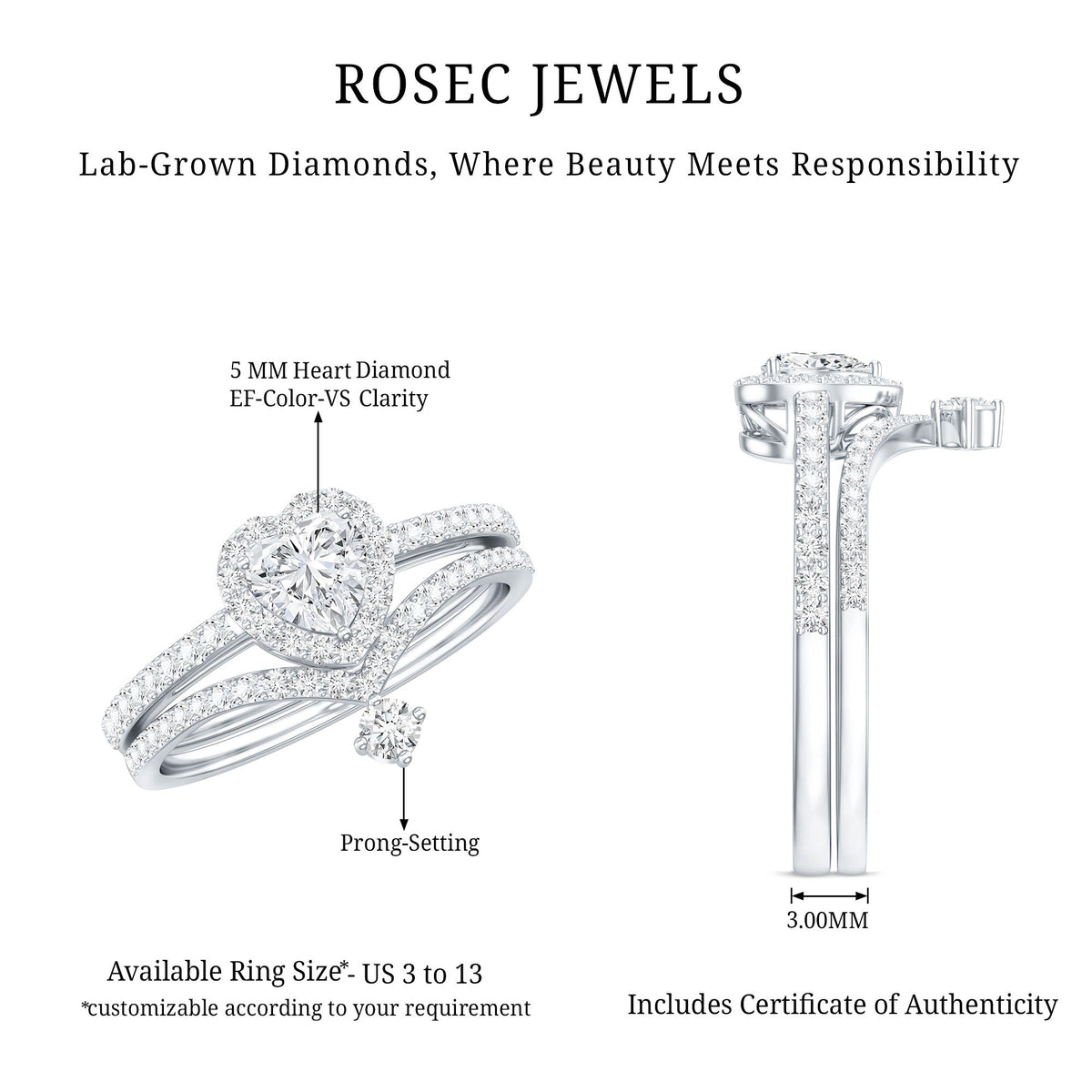 Certified 5 MM Lab Grown Diamond Heart Bridal Ring Set