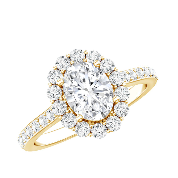 Lab grown diamond 1.2 carat oval halo engagement ring with side stones, featuring rose gold band and intricate detailing.