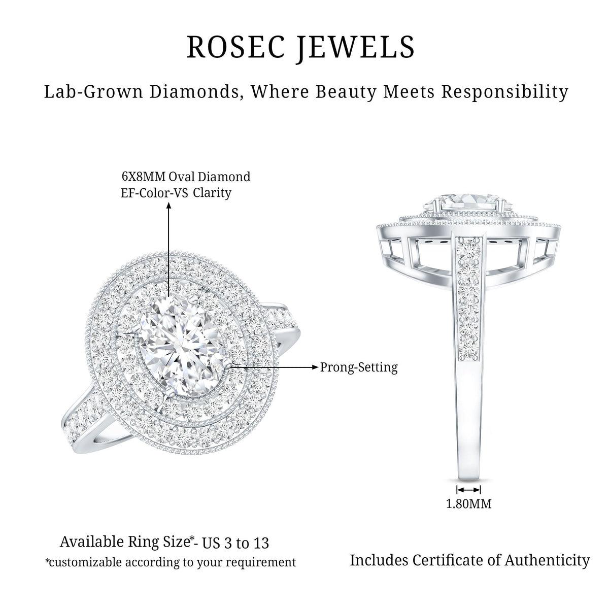 Certified 6X8 MM Oval Lab Grown Diamond Double Halo Engagement Ring