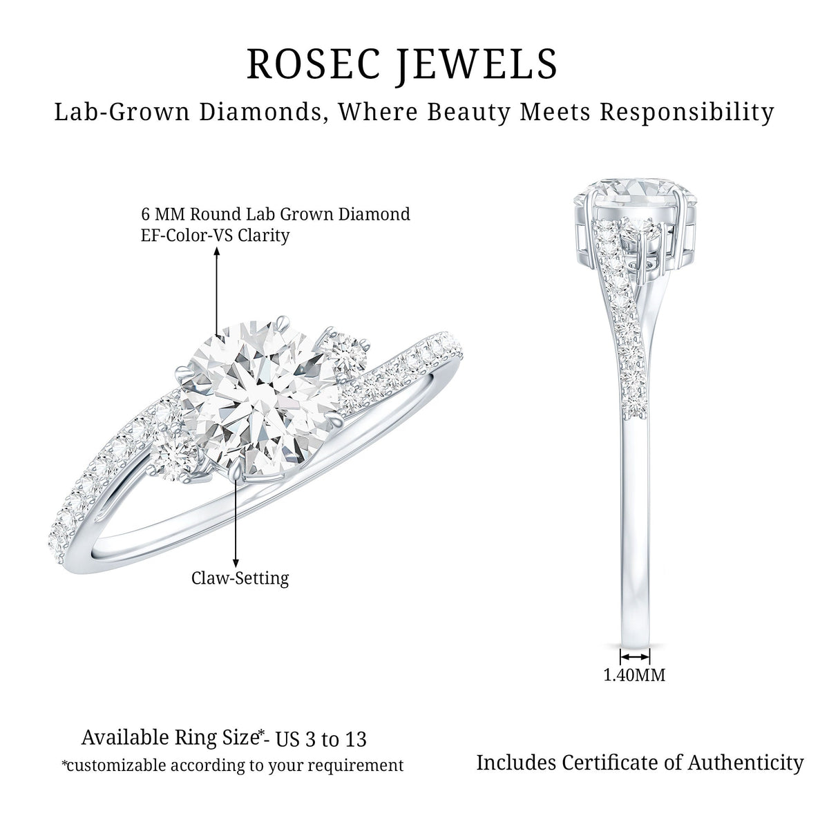 Lab Grown Diamond 6 MM Solitaire Engagement Ring With Side Stones