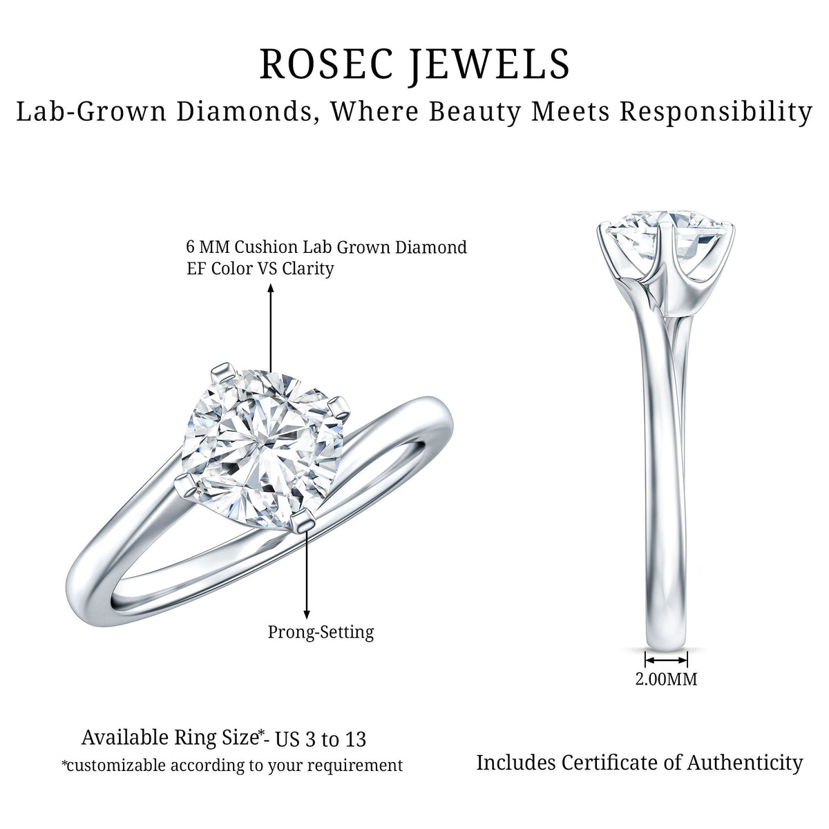 Certified 6 MM Cushion Lab Grown Diamond Solitaire Engagement Ring