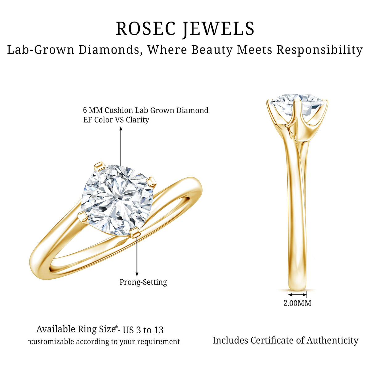 Certified 6 MM Cushion Lab Grown Diamond Solitaire Engagement Ring