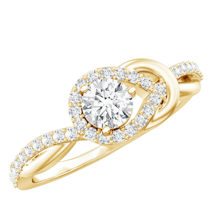 Certified 6mm lab-grown diamond love knot engagement ring by Rosec Jewels featuring a sleek silver band and sparkling center diamond.