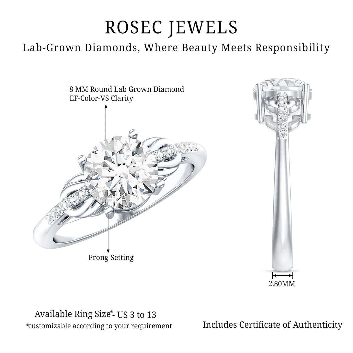 Certified 8 MM Round Lab Grown Diamond Unique Engagement Ring