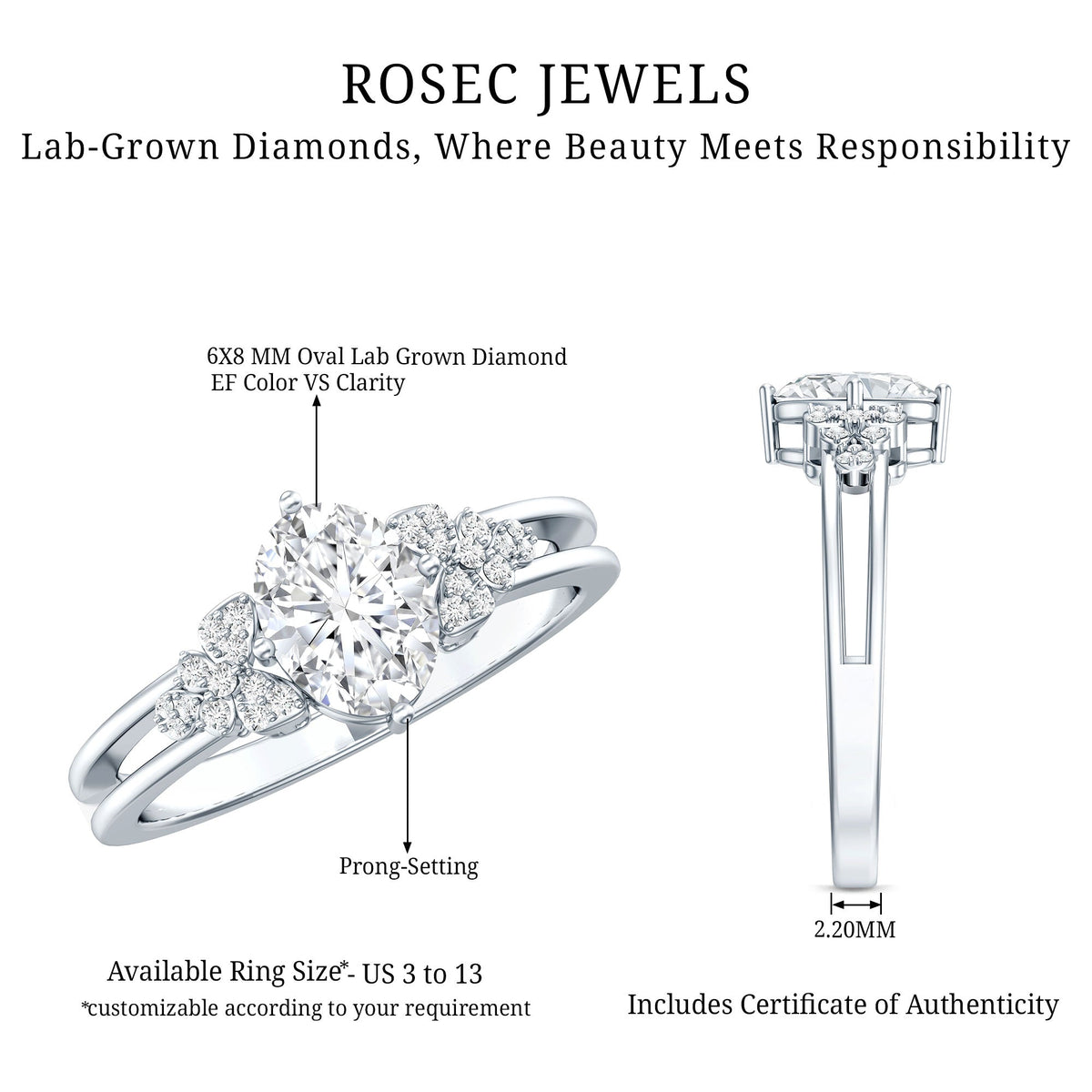 Certified 6X8MM Oval Lab Grown Diamond Designer Engagement Ring