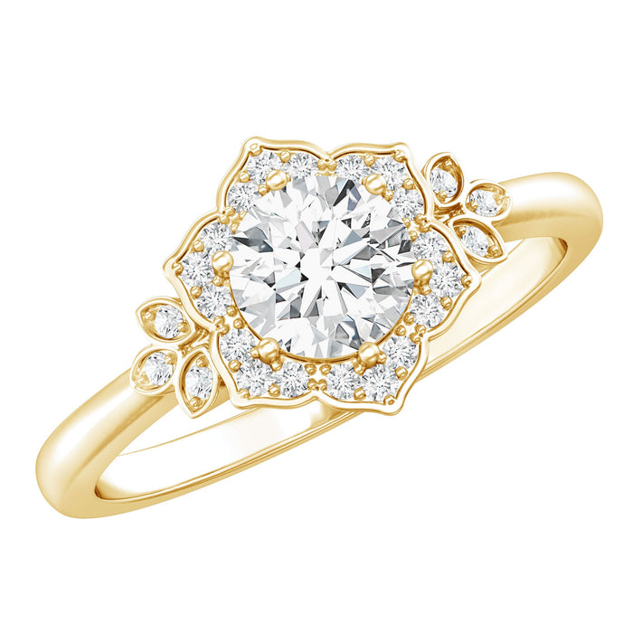 Lab grown diamond Art Deco flower engagement ring by Rosec Jewels with intricate floral design and sparkling diamonds.