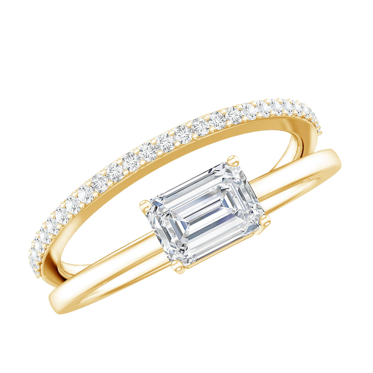 Lab Grown Diamond 6X8MM Emerald Cut Engagement Ring With Diamond Studded Shank