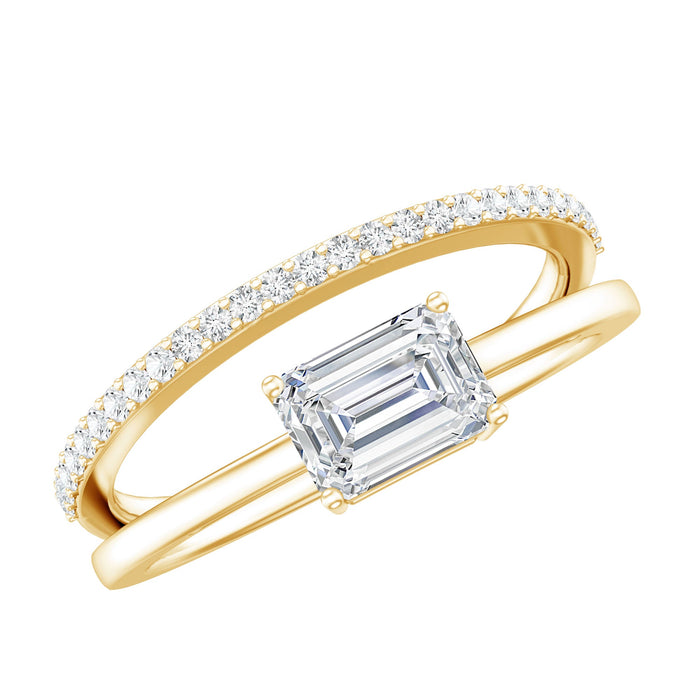 Lab grown diamond emerald cut engagement ring with diamond-studded shank from Rosec Jewels, featuring a 6x8mm center stone.