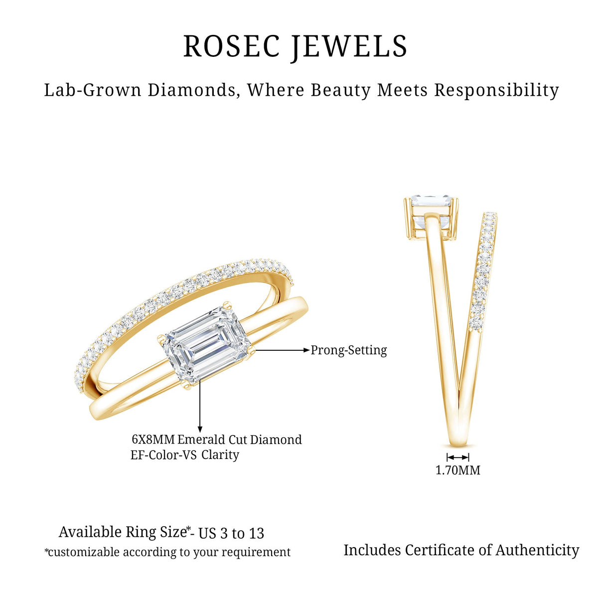 Lab Grown Diamond 6X8MM Emerald Cut Engagement Ring With Diamond Studded Shank