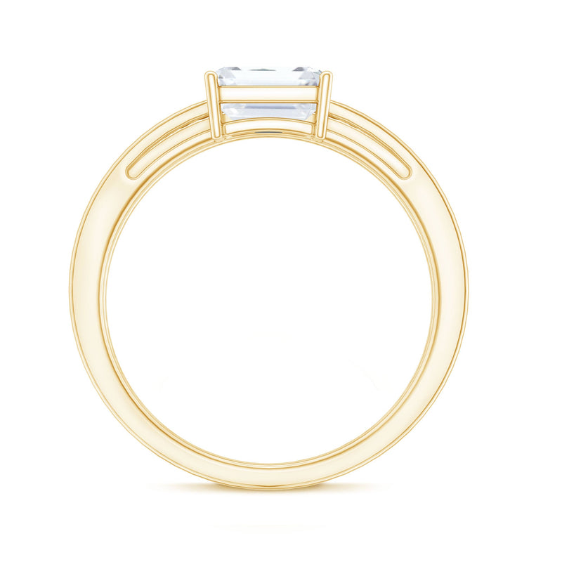 Lab grown diamond emerald cut engagement ring with diamond-studded shank by Rosec Jewels, showcasing a 6x8mm center stone and intricate band.