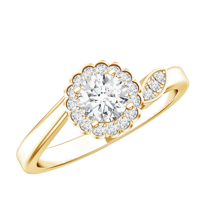 Lab-grown 5mm floral diamond engagement ring by Rosec Jewels featuring a delicate floral design and sparkling center diamond.