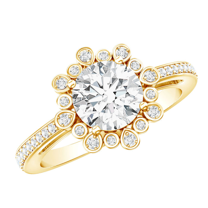 Lab grown diamond 8mm circle engagement ring with side stones from Rosec Jewels, featuring intricate detailing and sparkling diamonds.