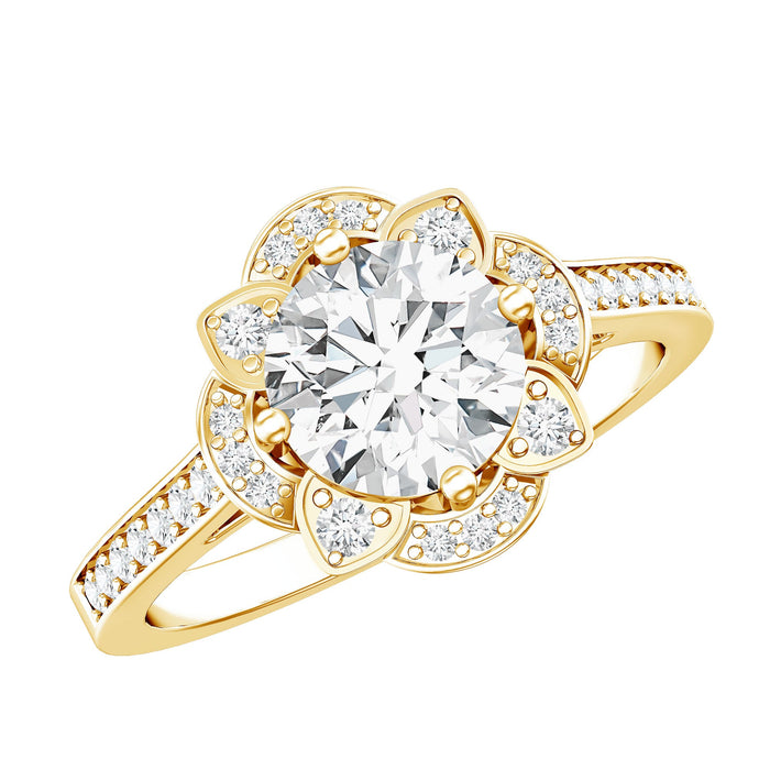 Vintage 8mm lab-grown diamond engagement ring with diamond-studded shank by Rosec Jewels, showcasing intricate design and sparkling stones.