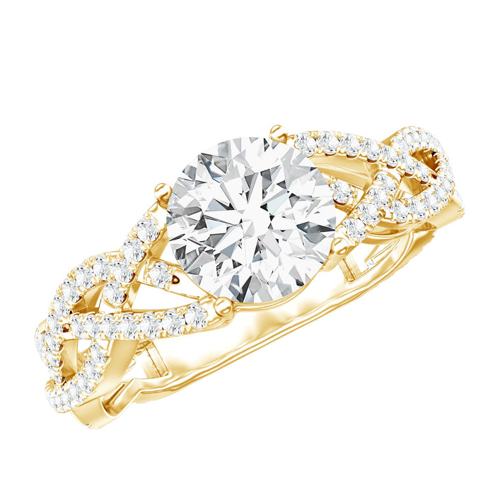 Rosec Jewels lab-grown diamond 8mm round engagement ring with infinity twist design, featuring sparkling diamonds and intricate band details.
