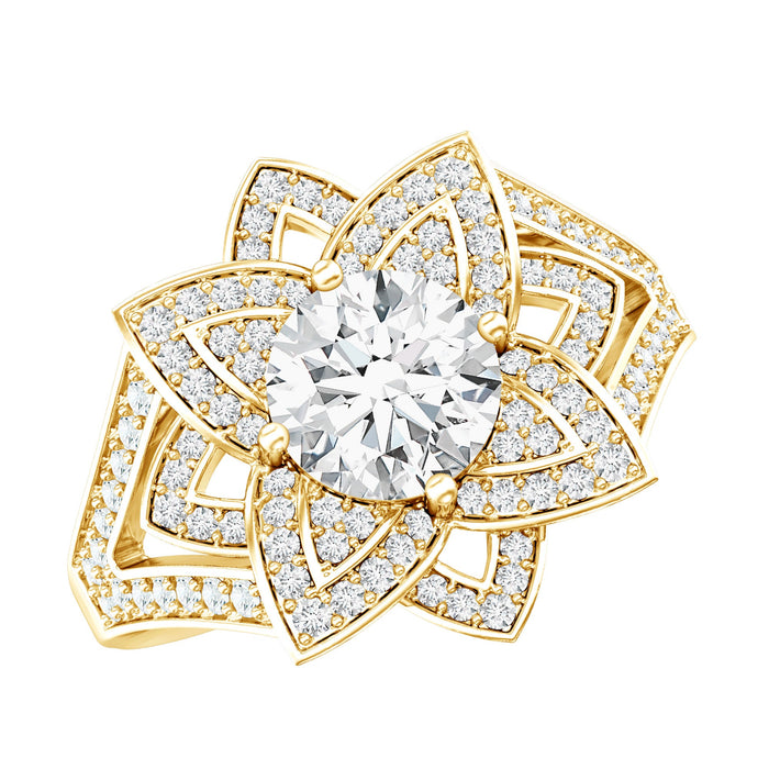 Lab grown diamond Art Deco flower engagement ring by Rosec Jewels featuring intricate design and sparkling diamonds in a vintage style.