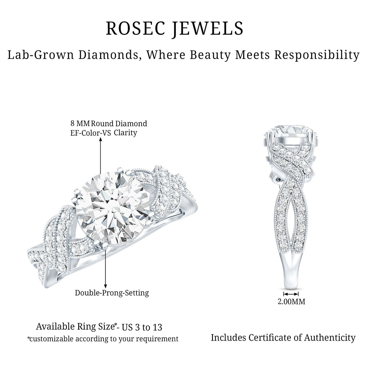 8 MM Solitaire Lab Grown Diamond Non Traditional Engagement Ring