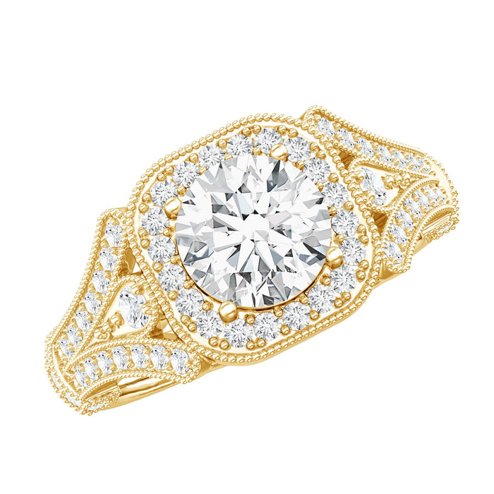 Vintage style engagement ring with a 7 mm lab-grown diamond set in a detailed band by Rosec Jewels.