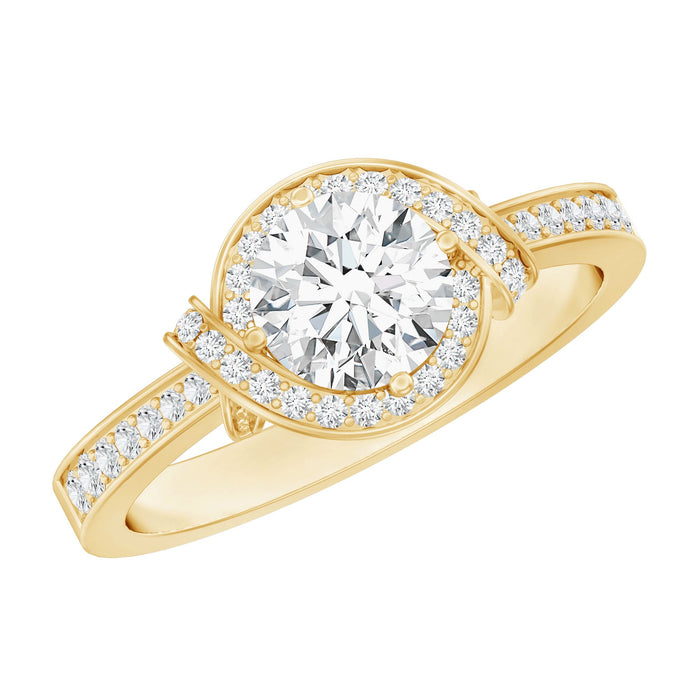 Lab grown diamond engagement ring with a halo design, featuring a 1-carat center stone and intricate band details by Rosec Jewels.
