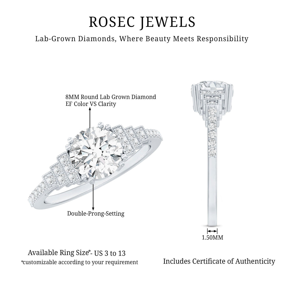 8 MM Lab Grown Diamond Retro Engagement Ring