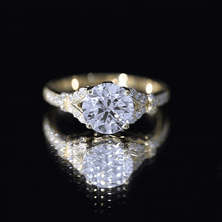 Yellow gold lab-grown diamond split shank engagement ring by Rosec Jewels with 2-carat total weight and sparkling center stones.