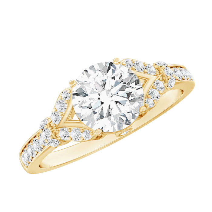 Certified 2Ct lab-grown diamond split shank engagement ring from Rosec Jewels showcasing sparkling diamonds on a sleek metal band.