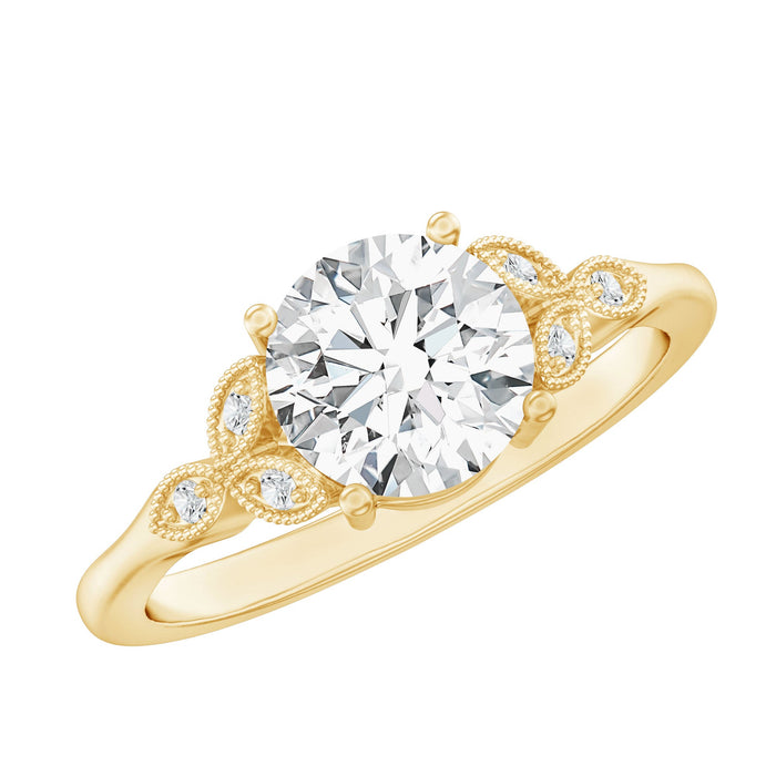 Round lab-grown diamond vine engagement ring with 8mm diamonds in a detailed rose gold setting by Rosec Jewels.