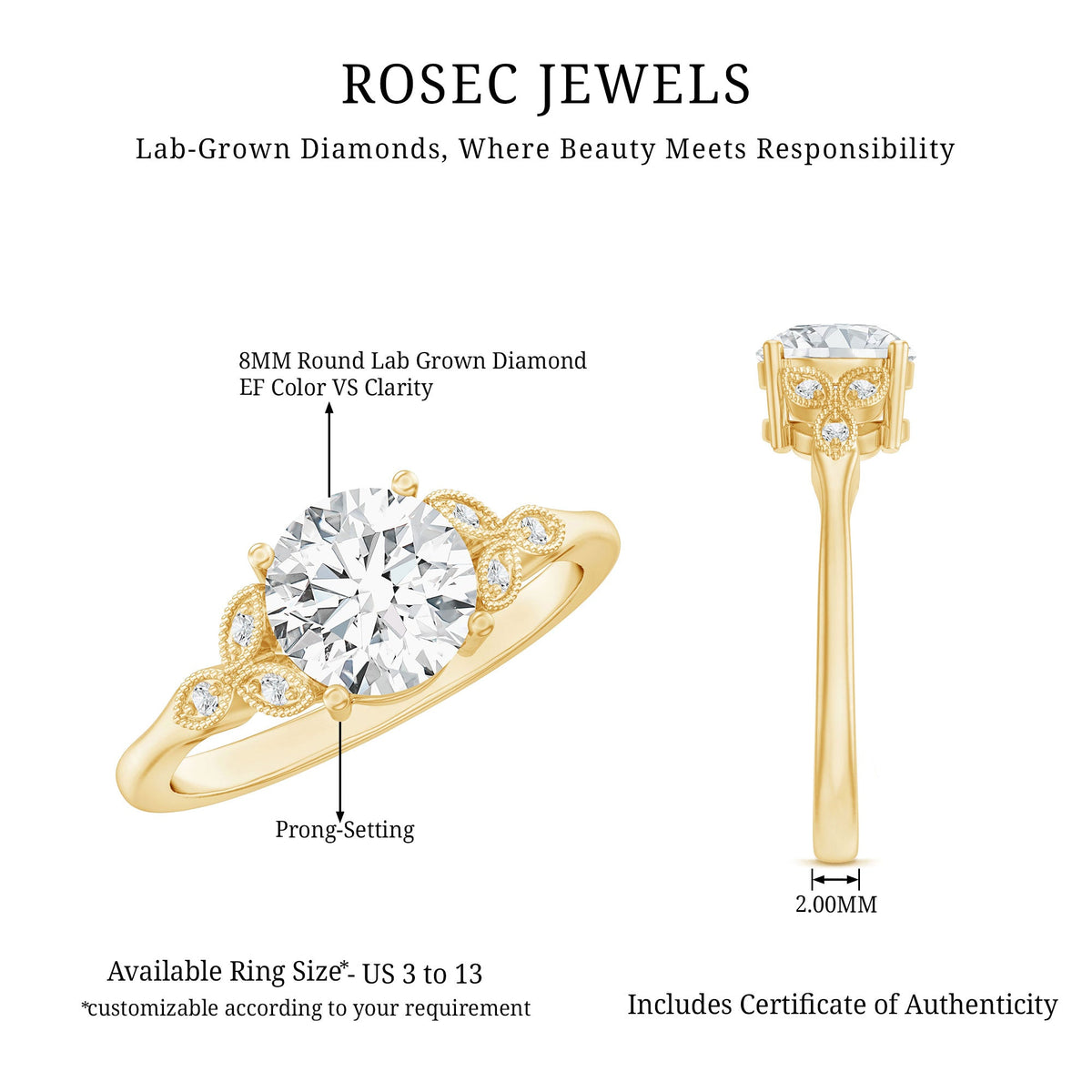 8 MM Round Lab Grown Diamond Vine Engagement Ring