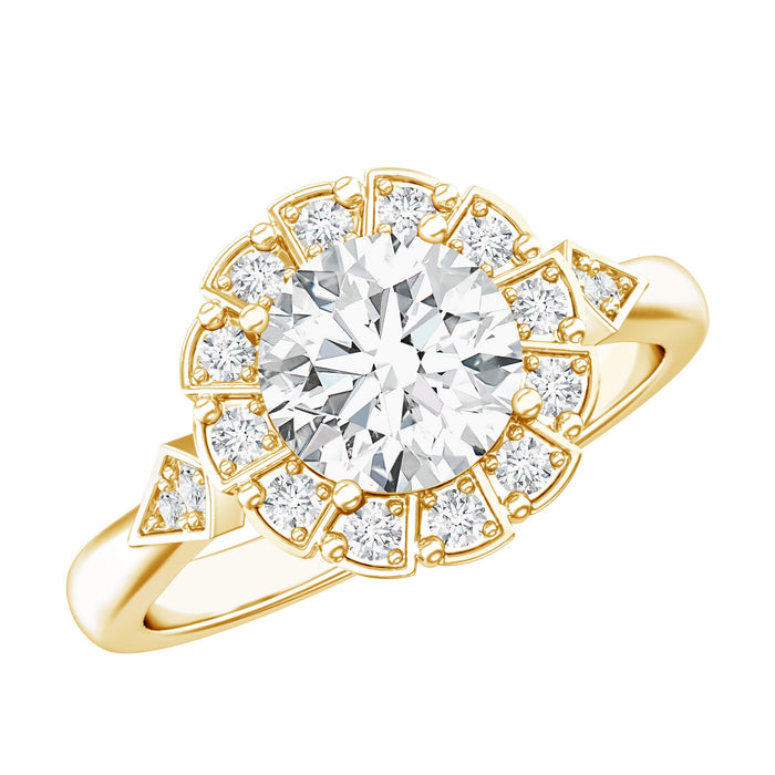 Certified 8mm lab-grown diamond flower halo engagement ring from Rosec Jewels featuring a sparkling central diamond and floral design.