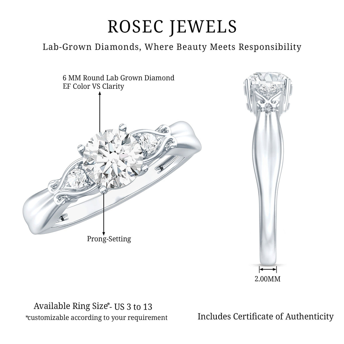Certified 6 MM Lab Grown Diamond 4 Prong Engagement Ring