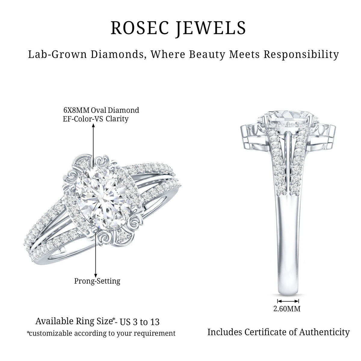 6X8 MM Oval Lab Grown Diamond Vintage Engagement Ring For Women