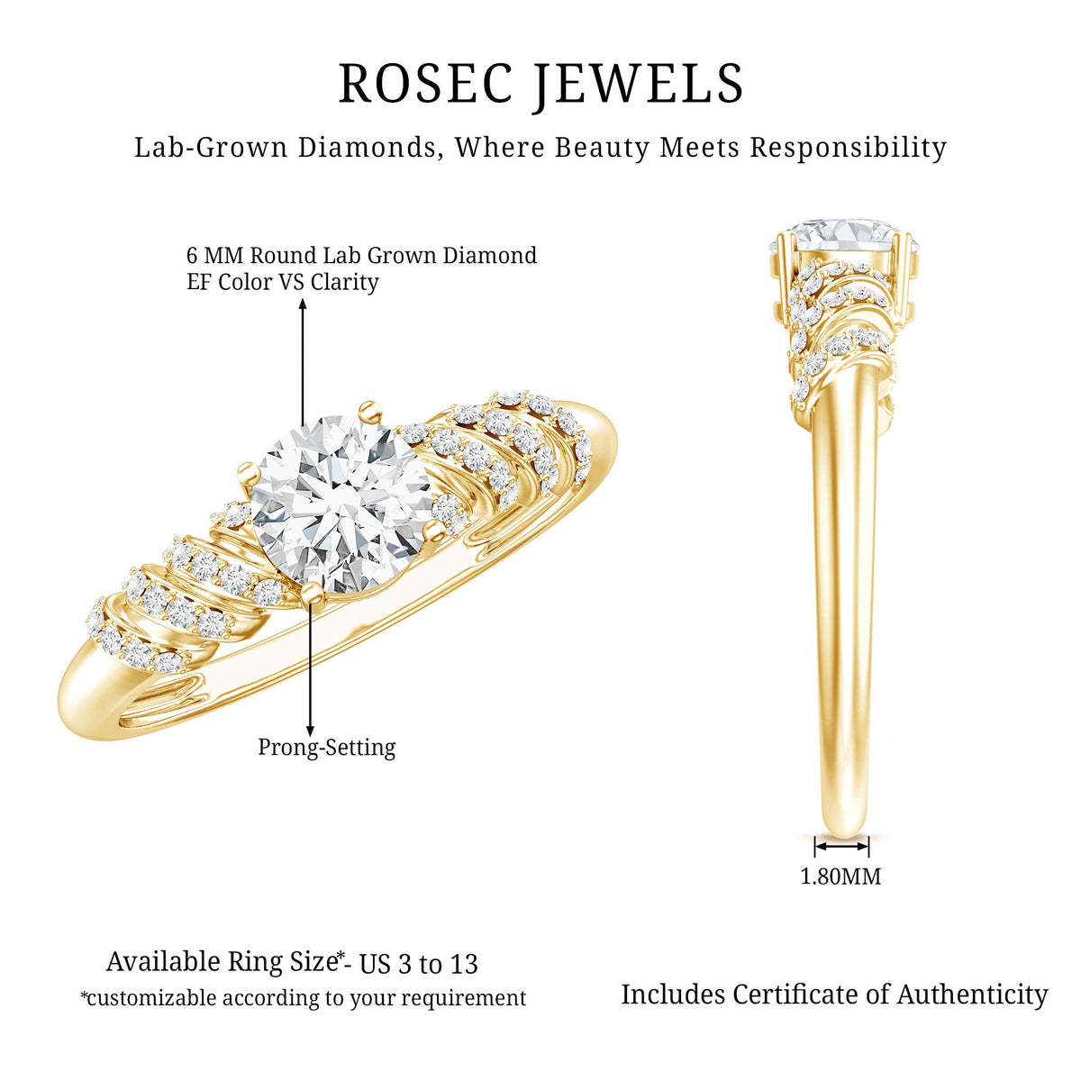 6 MM Lab Grown Diamond Designer Engagement Ring With Side Stones