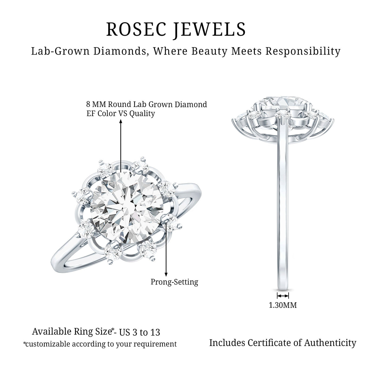 8 MM Lab Grown Diamond Statement Engagement Ring